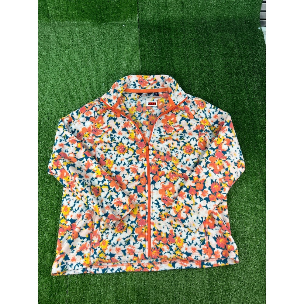 Lands End Womens XL Floral Fleece Jacket Orange Pink Full Zip Mock Neck